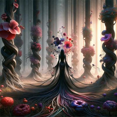 The primary subject of the image is a woman standing in a forest, surrounded by trees and flowers. The setting is a lush, green forest with a variety of flowers and trees. The visual style is a digital art or illustration, creating a surreal and whimsical atmosphere. The colors are predominantly shades of green, pink, and purple, giving the scene a vibrant and magical feel.